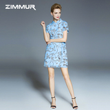 ZIMMUR2016夏装新款女装立领短袖修身显瘦欧美时尚真丝印花连衣裙