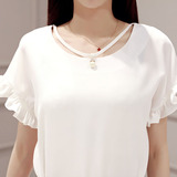 韩国东大门代购2016夏季新款甜美直筒雪纺衫白色短上衣T恤女时尚