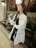 秋装新款韩国外穿简约棉麻薄款大口袋纯白色中长款长袖衬衫外套女