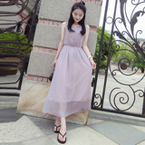夏季新款紫色淑女雪纺长裙气质中长款网纱女裙无袖甜美仙女连衣裙