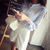 欧时力正品2016夏新款韩版大码雪纺女装蝴蝶结衬衫七分袖圆领衬衫