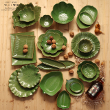 包邮 出口创意绿叶子母盘碗碟套装 西餐厅厨房茶具日式点心陶瓷器