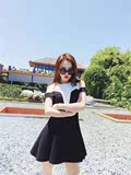 韩国夏季新款女装代购名媛气质撞色性感露肩短袖收腰显瘦连衣裙