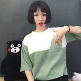 2016韩国夏款原宿风拼接口袋上衣女韩版灯芯绒字母口袋学生T恤女
