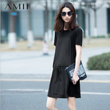 Amii[极简主义]夏季短袖连衣裙纯色宽松气质女装文艺拼接短裙子女