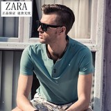 ZARA男装短袖T恤香港代购夏装男士修身纽扣上衣欧洲站韩版潮服