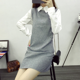 小V家 2015秋冬新款韩版女装娃娃领假两件连衣裙长袖修身呢子短裙