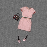 欧洲站女装夏装2016新款潮时尚圆领条纹衫+气质包臀蕾丝裙女套装