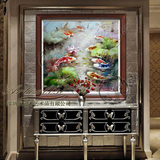 手绘油画新古典中式餐厅玄关壁炉居家别墅有框挂画富贵鲤鱼YDY008