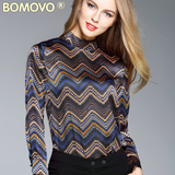 Bomovo欧美女装2016秋季新款波纹立领长袖修身上衣气质打底雪纺衫