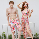 韩国性感高腰带披纱比基尼三件套女泳衣花色甜美bikini情侣游泳衣