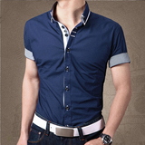 短袖衬衫男韩版修身款夏季薄款男士商务短袖衬衣棉半袖潮青年扣领