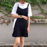 韩国夏装新品 学院风圆环圈吊带下摆百褶背带裙中长款连衣裙女