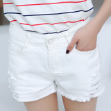 2016夏季新款常规女式韩版破洞毛边短裤胖高腰大码女装白色牛仔裤