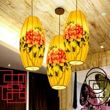 新中式手绘长灯笼吊灯古典餐厅酒店茶楼创意装饰灯具圆形荷花荷叶