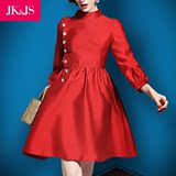 JKJS春装新款女装2016潮复古立领红色连衣裙春季中长款A字裙子夏