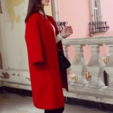 2016春装双面羊绒大衣女中长款 七分袖圆领红色毛呢外套