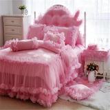 韩版蕾丝公主款床罩床裙贡缎提花纯棉四件套蔓舞轻纱粉红