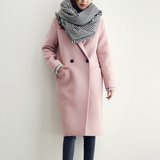 2015新款韩版茧型羊毛毛呢大衣女中长款修身显瘦藕粉色毛呢外套潮