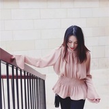 2016春装新品韩版甜美高腰短款开口袖气质仙女长袖雪纺衫学生上衣