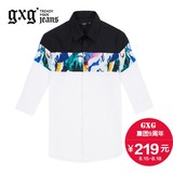 商场同款gxgjeans男装夏季修身白色印花拼接七分袖衬衫#62603134