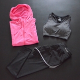 女子运动健身瑜伽服三件套装 紧身速干短袖T恤防震文胸假两件长裤