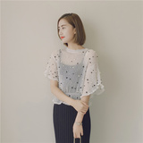 夏季新款韩版女褶皱钉珠纯色喇叭袖宽松显瘦套头雪纺衫+H79