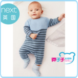 next英国2015新款童装代购 男童宝宝蓝色条纹纯棉保暖针织连体衣