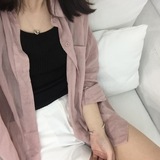 夏季韩版透视翻领防晒衫女开衫中长款裸粉色空调衣薄款衬衫女潮