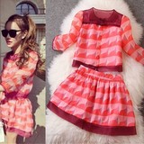 韩国代购2016夏新款女装卓雅格子真丝修身上衣欧根纱短裙两件套装