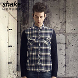 SHAKE华菲型格保暖加绒衬衫男士格子拼接休闲修身长袖纯棉衬衫