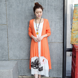 棉麻秋季连衣裙两件套 2015中国风文艺范水墨画仙女裙包邮