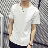 夏季男士短袖t恤男白色v领纯色衣服男装修身白色半袖韩版体恤潮流