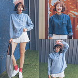 春装新款女装2016韩版纯色口袋套头牛仔衬衫女学生宽松学院风衬衣
