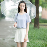 丝烁2016新款纯色圆领雪纺衫短袖宽松上衣女夏 短款T恤