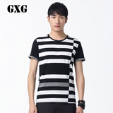 GXG男装 2015春季新品男士时尚黑白条纹拼接圆领短袖T恤#51144407