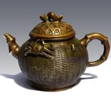纯铜摆件 古玩青铜器家居装饰品摆设仿古工艺品螃蟹竹子茶壶酒壶
