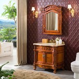 欧式仿古浴室柜落地橡木卫浴柜组合 大理石台面洗脸盆带镜柜