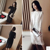 2016韩版新款时尚气质长袖蕾丝竖条纹淑女中长款连衣裙女