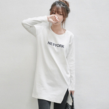 2016纯色新款韩版修身t恤女中长打底衫休闲显瘦圆领字母女式T恤