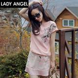 Ladyangel自然腰印花拼接下摆粉色A字裙半身裙雪纺短裙61140898