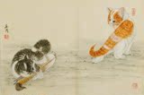纯手绘四尺三开临摹米春茂工笔小猫仿真真迹名人字画国画中国书画