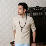左齐夏季7分袖亚麻衬衫中国风复古男装七分袖盘扣款棉麻立领衬衣