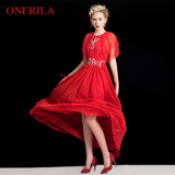 ONERILA2016高级定制重工钉珠红色网纱长裙伴娘敬酒礼服连衣裙女
