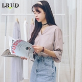 LRUD2016夏季新款韩版V领宽松纯色衬衫女五分袖后背镂空百搭衬衣