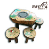 实木小茶台香樟木功夫茶几手工彩绘茶桌椅组合创意圆形茶桌原生态