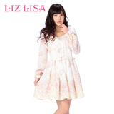 lizlisas春季新款方领格子印花雪纺6007日系甜美修身长袖连衣裙
