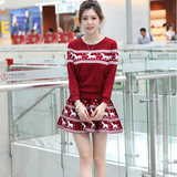 2016春秋女韩版修身长袖小鹿毛衣包臀半身短裙针织两件套装连衣裙