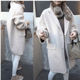 2015冬装新款 韩版大码宽松休闲中长款大口袋毛呢外套大衣女