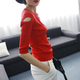 2016春装新款 修身显瘦 露肩七分袖针织衫圆领套头红色毛衣女短款